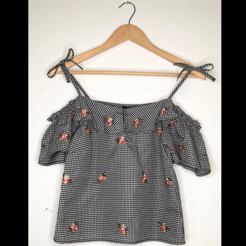 NewLook Plaid With Embroidered Flowers Blouse SZ 2